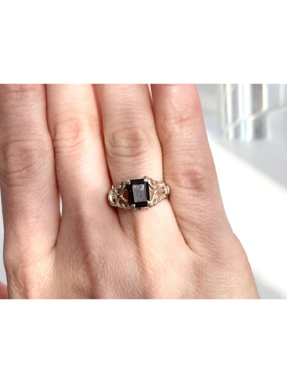 Garnet Emerald Cut Gemstone Sterling Silver 925 Victorian Vintage Ring - sz 6.25 - Picture 11 of 13